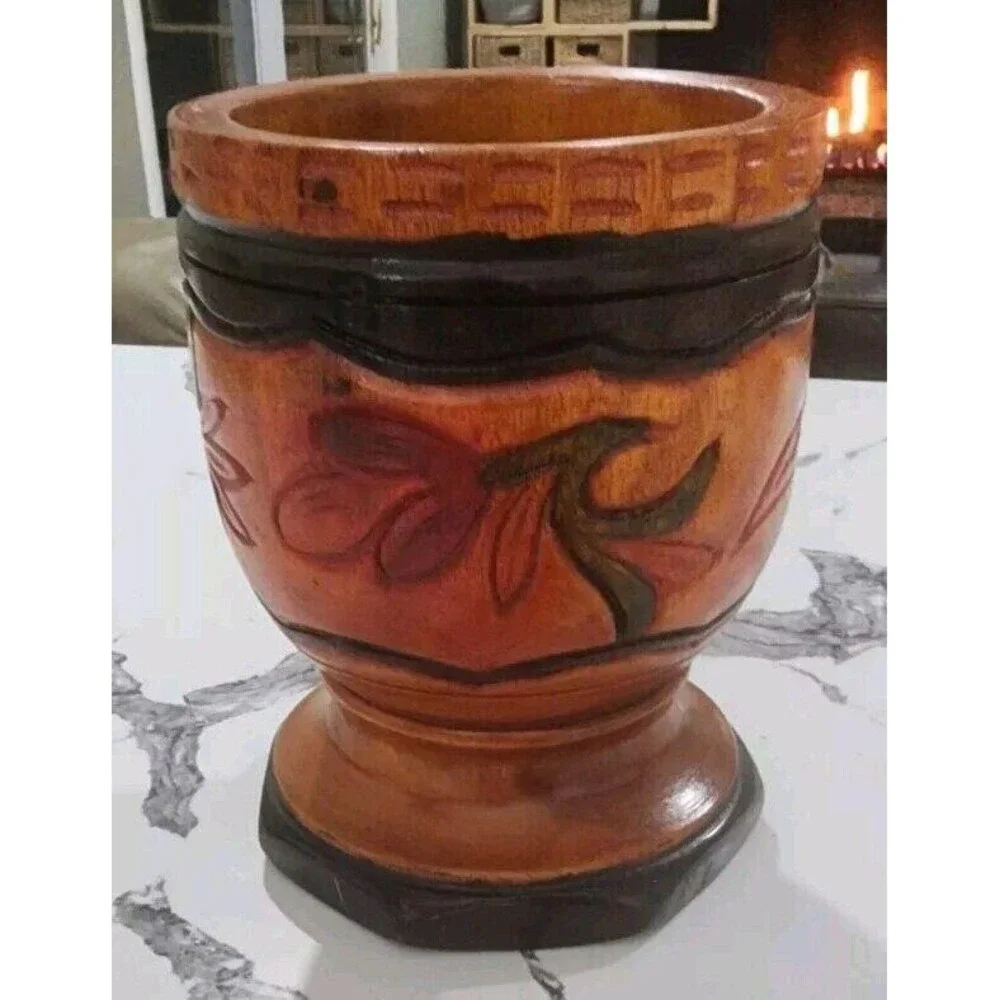 Vintage‎ Wood Hand Turned Carved Floral Three Tone Mortar and Pestle LARGE